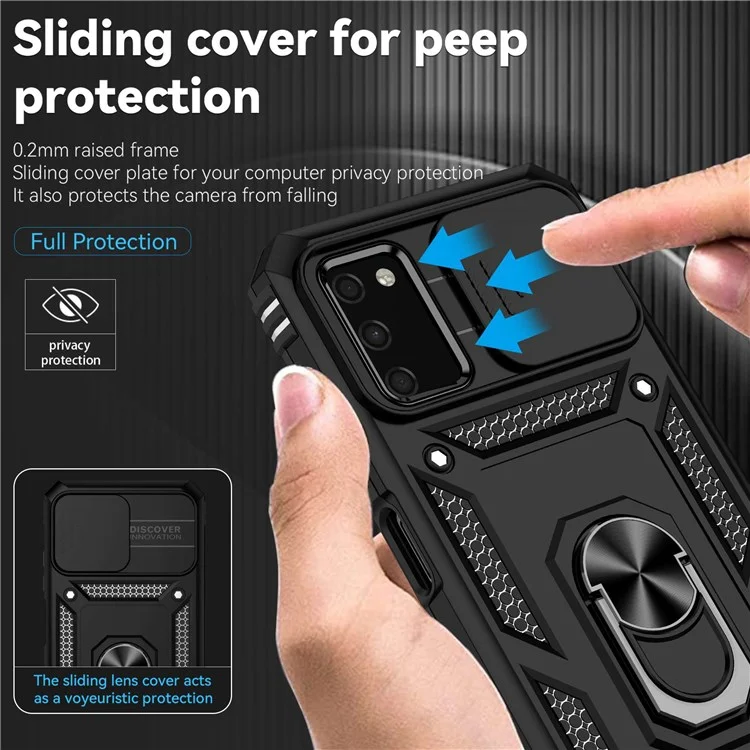 For Samsung Galaxy A03s (164.2 x 75.9 x 9.1mm) Ring Kickstand Phone Case Anti-fall Protection Hard PC + TPU Shell with Slide Camera Protection Cover - Black