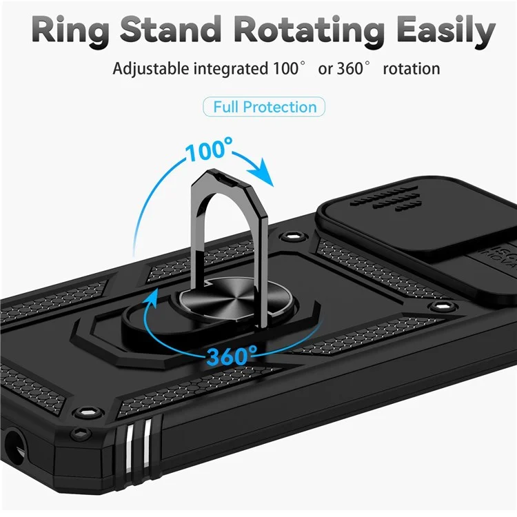 For Samsung Galaxy A03s (164.2 x 75.9 x 9.1mm) Ring Kickstand Phone Case Anti-fall Protection Hard PC + TPU Shell with Slide Camera Protection Cover - Black
