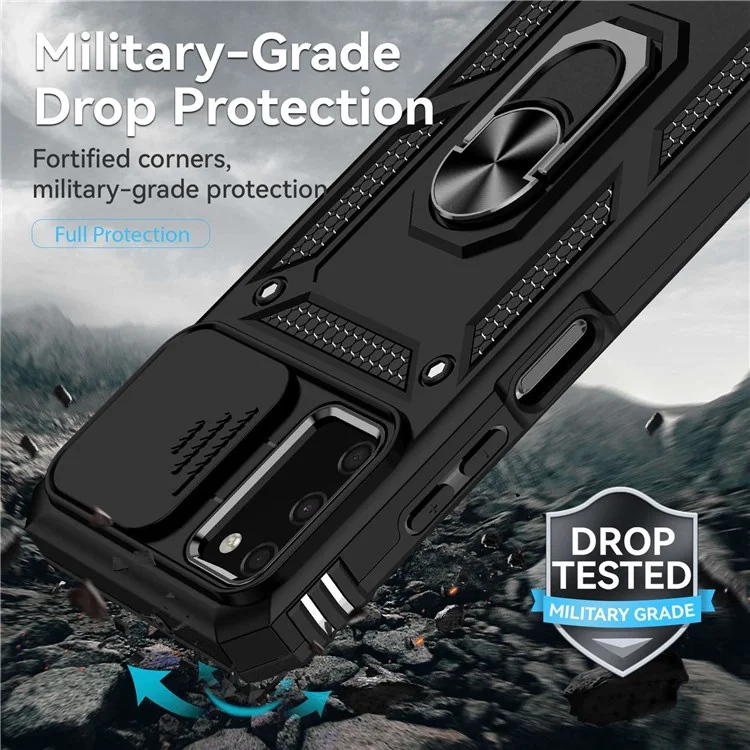 For Samsung Galaxy A03s (164.2 x 75.9 x 9.1mm) Ring Kickstand Phone Case Anti-fall Protection Hard PC + TPU Shell with Slide Camera Protection Cover - Black