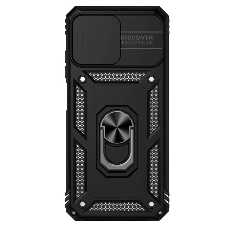For Samsung Galaxy A03s (164.2 x 75.9 x 9.1mm) Ring Kickstand Phone Case Anti-fall Protection Hard PC + TPU Shell with Slide Camera Protection Cover - Black
