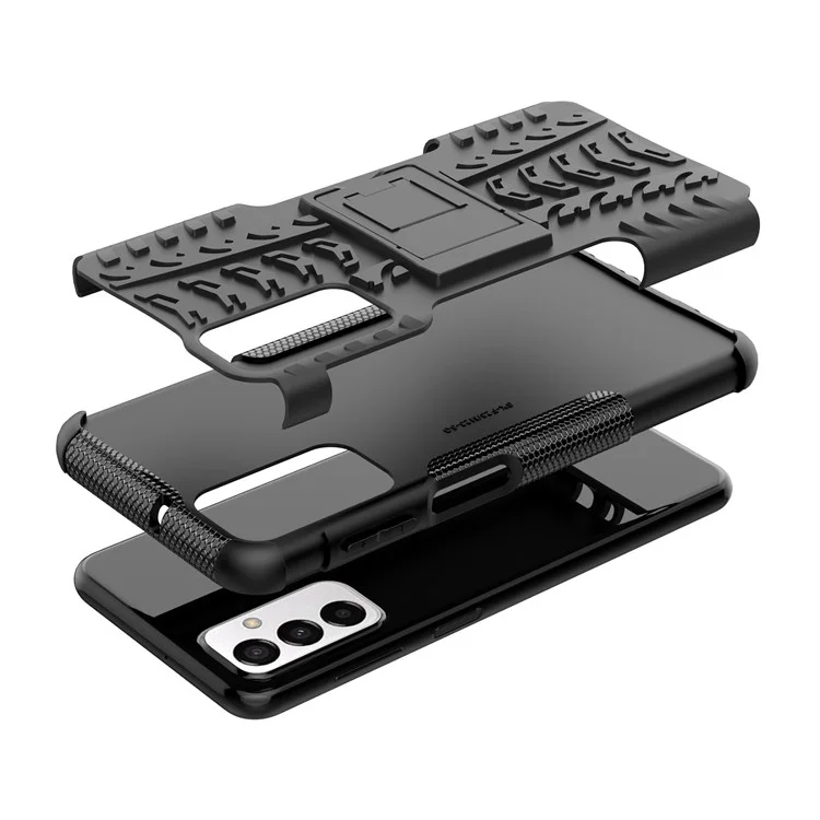 Para Samsung Galaxy M23 5G/F23 5G Cool Tire Texture Kickstand Case TPU + PC Dual Layer Phone Cover - Preto