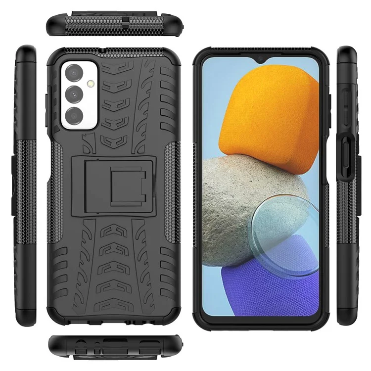 Para Samsung Galaxy M23 5G/F23 5G Cool Tire Texture Kickstand Case TPU + PC Dual Layer Phone Cover - Preto