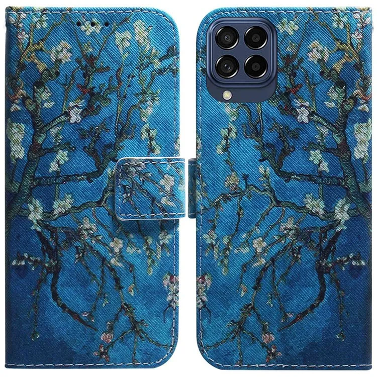 For Samsung Galaxy M33 5G (Global Version) Wallet Style Printed Pattern Well-protected Case Magnetic Closing Stand Soft TPU + PU Leather Phone Shell - Apricot Flowers