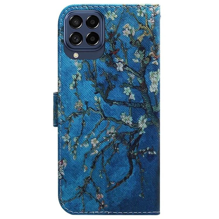 For Samsung Galaxy M33 5G (Global Version) Wallet Style Printed Pattern Well-protected Case Magnetic Closing Stand Soft TPU + PU Leather Phone Shell - Apricot Flowers