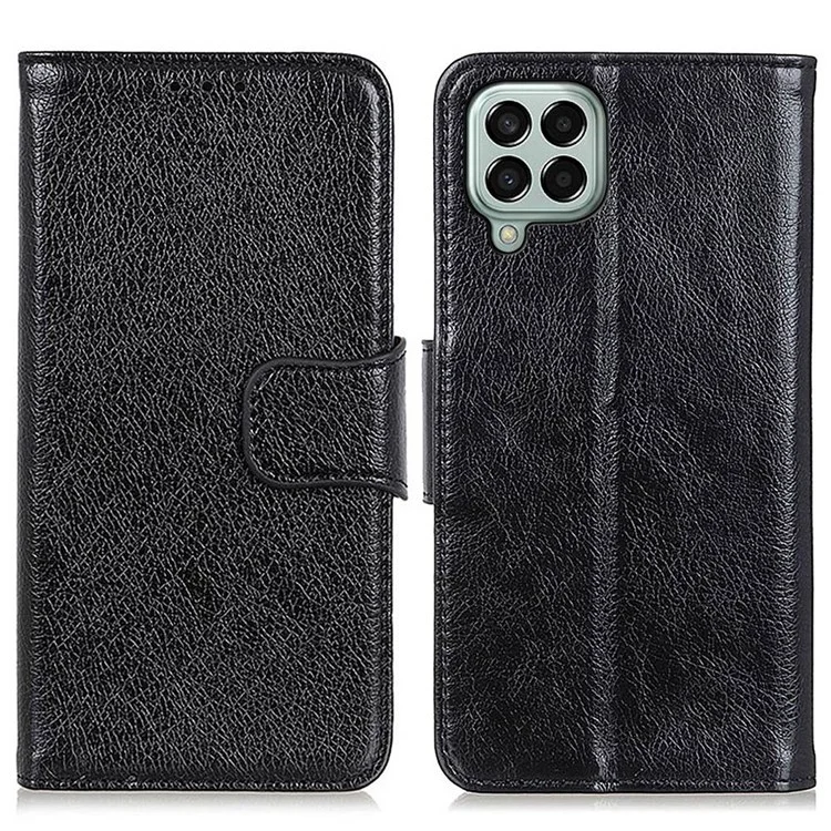 For Samsung Galaxy M33 5G (Global Version) Split Leather Cell Phone Flip Case Drop Resistant Nappa Texture Stand Wallet Magnetic Cover - Black