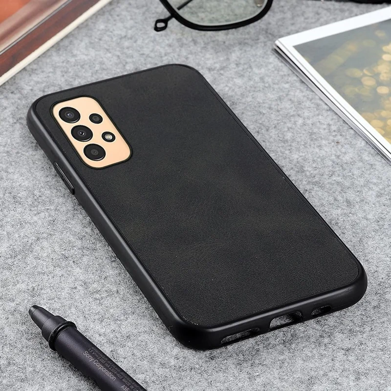 For Samsung Galaxy A13 4G Protective Case, Textured PU Leather Coated TPU + PC Phone Cover - Black