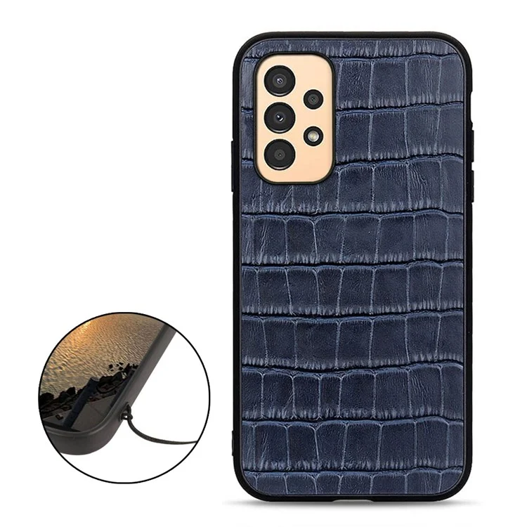 Для Samsung Galaxy A13 4G Anti-fall Cover, Crocodile Texture Genuine Leather Coated PC + TPU Phone Back Case - Blue