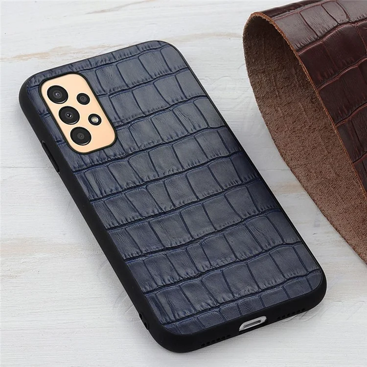 Для Samsung Galaxy A13 4G Anti-fall Cover, Crocodile Texture Genuine Leather Coated PC + TPU Phone Back Case - Blue