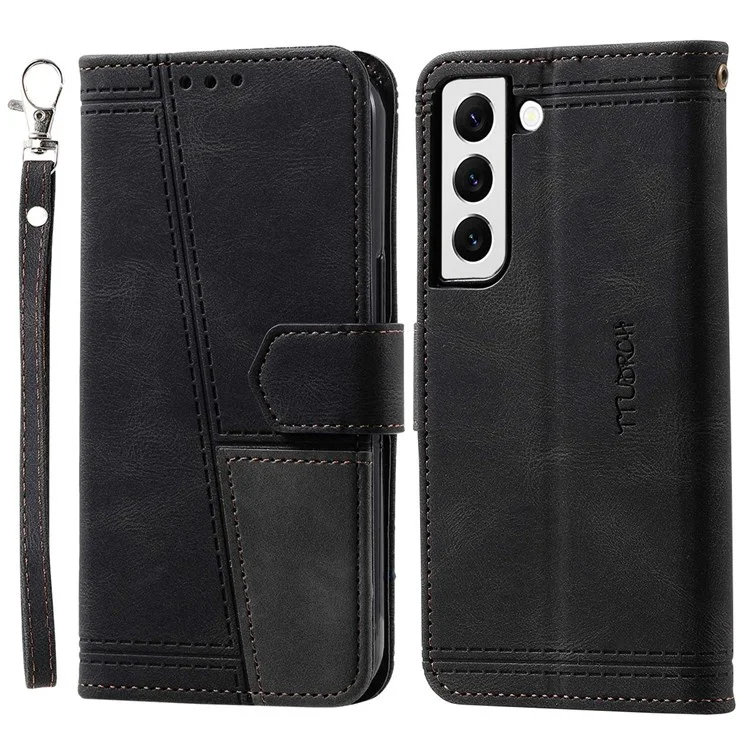 TTUDRCH 004 Bolsa de Concha de Teléfono Móvil Estilo de Empalme Para Samsung Galaxy S22+ 5G, Función de Bloqueo de RFID de Protección Completa Feeling PU Leather Phone Cover Cover - Negro