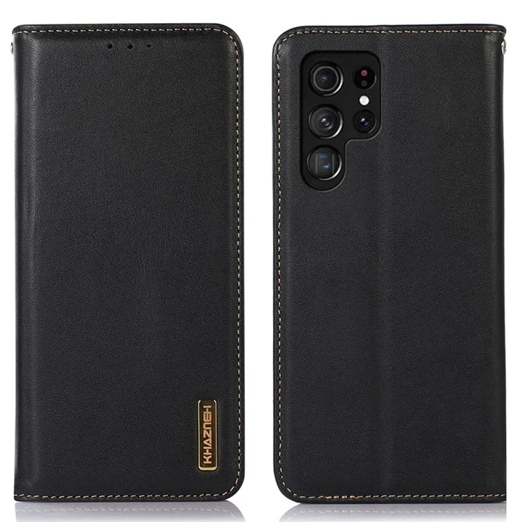 KHAZNEH Protective Case for Samsung Galaxy S22 Ultra 5G Wallet Phone Case Genuine Cowhide Leather Cover Anti-Scratch Magnetic Closure Stand Shell - Black