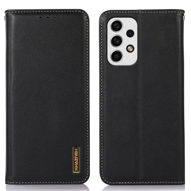 KHAZNEH Anti-Scratch Phone Case for Samsung Galaxy A53 5G Genuine Cowhide Textured Leather Case Shockproof Folio Flip Cover Magnetic Closure Stand Case with Wallet - Black