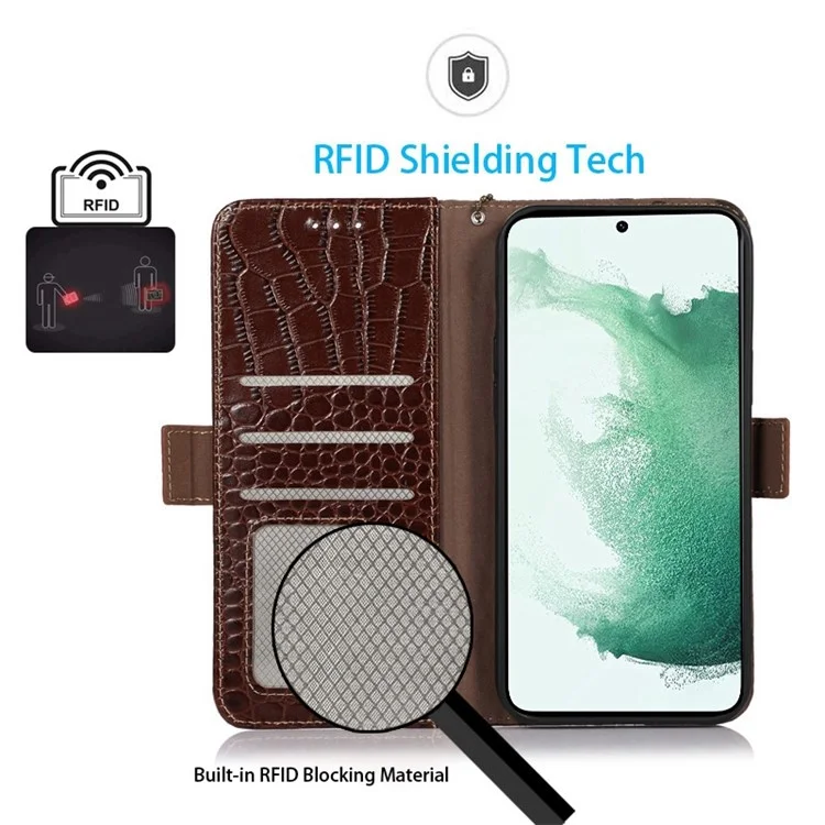 Для Samsung Galaxy S22 Ultra 5G Полная защита RFID Блокировка Подлинная Кожа Крупного Рогатого Скота Кожаный Кошелек Чехол для Телефона, Текстура Крокодила Стенд Магнитный Flip Folio Case - Коричневый