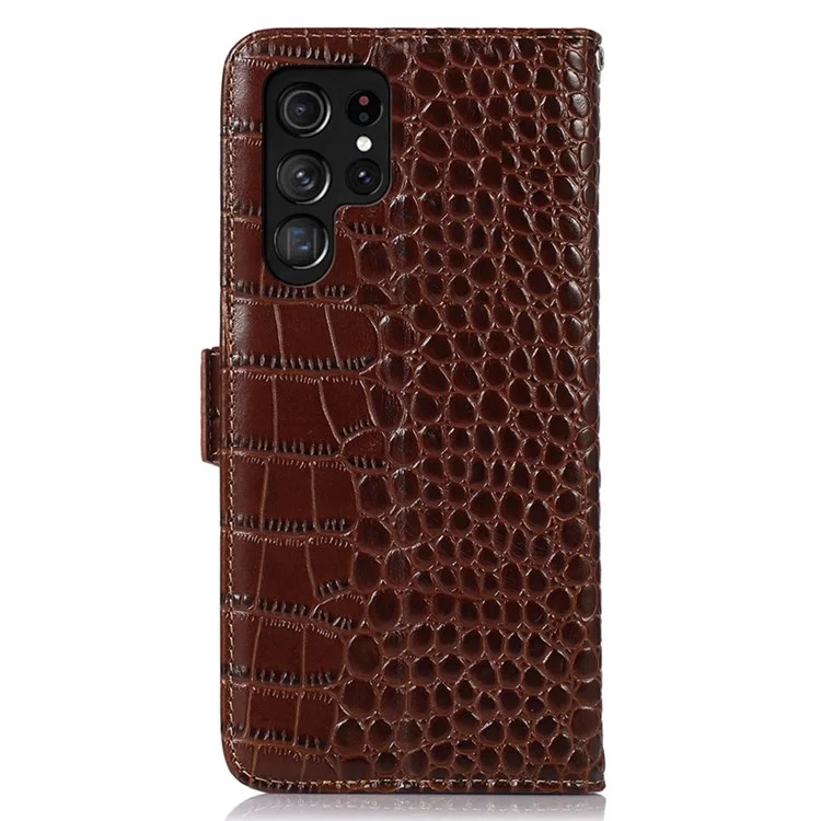 Для Samsung Galaxy S22 Ultra 5G Полная защита RFID Блокировка Подлинная Кожа Крупного Рогатого Скота Кожаный Кошелек Чехол для Телефона, Текстура Крокодила Стенд Магнитный Flip Folio Case - Коричневый