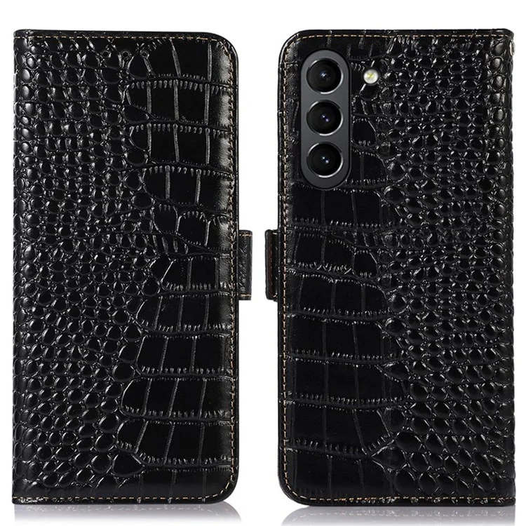 For Samsung Galaxy S21 FE 5G RFID Blocking Genuine Cowhide Leather Wallet Phone Cover, Crocodile Texture Foldable Stand Magnetic Flip Folio Case - Black