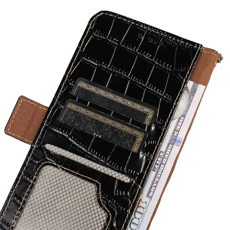For Samsung Galaxy S21 FE 5G RFID Blocking Genuine Cowhide Leather Wallet Phone Cover, Crocodile Texture Foldable Stand Magnetic Flip Folio Case - Black