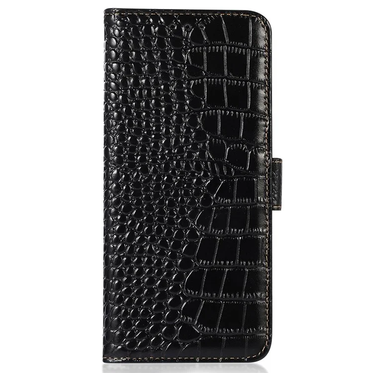 For Samsung Galaxy S21 FE 5G RFID Blocking Genuine Cowhide Leather Wallet Phone Cover, Crocodile Texture Foldable Stand Magnetic Flip Folio Case - Black