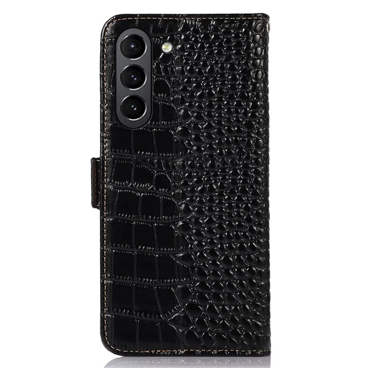 For Samsung Galaxy S21 FE 5G RFID Blocking Genuine Cowhide Leather Wallet Phone Cover, Crocodile Texture Foldable Stand Magnetic Flip Folio Case - Black