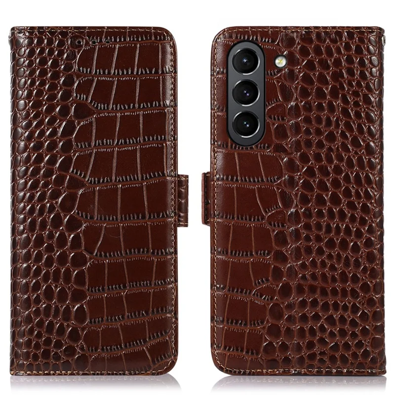 For Samsung Galaxy S21 FE 5G RFID Blocking Genuine Cowhide Leather Wallet Phone Cover, Crocodile Texture Foldable Stand Magnetic Flip Folio Case - Brown