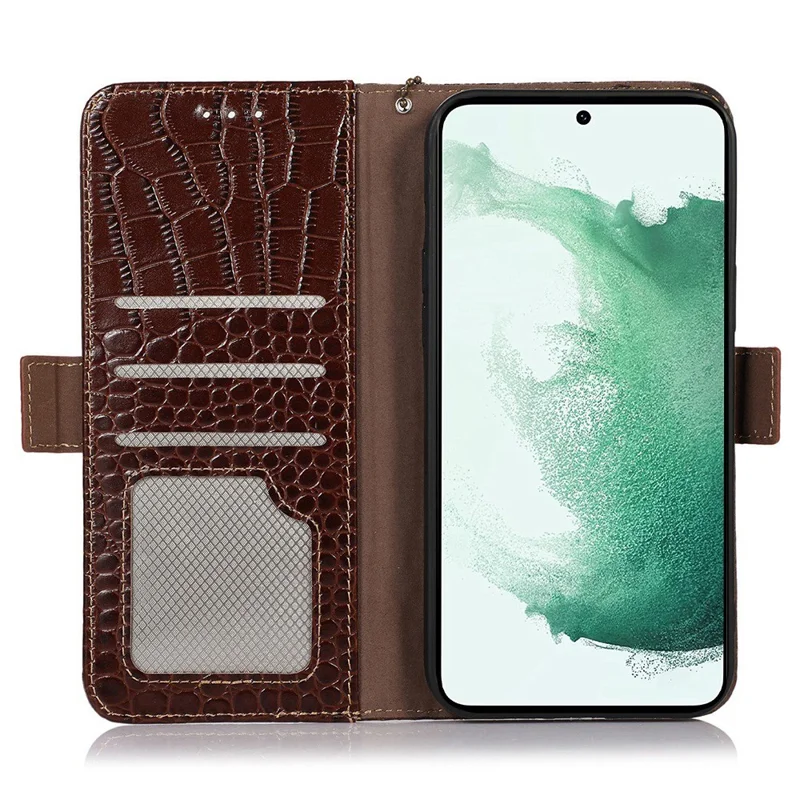 For Samsung Galaxy S21 FE 5G RFID Blocking Genuine Cowhide Leather Wallet Phone Cover, Crocodile Texture Foldable Stand Magnetic Flip Folio Case - Brown