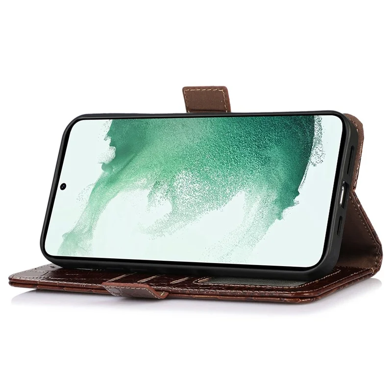 For Samsung Galaxy S21 FE 5G RFID Blocking Genuine Cowhide Leather Wallet Phone Cover, Crocodile Texture Foldable Stand Magnetic Flip Folio Case - Brown