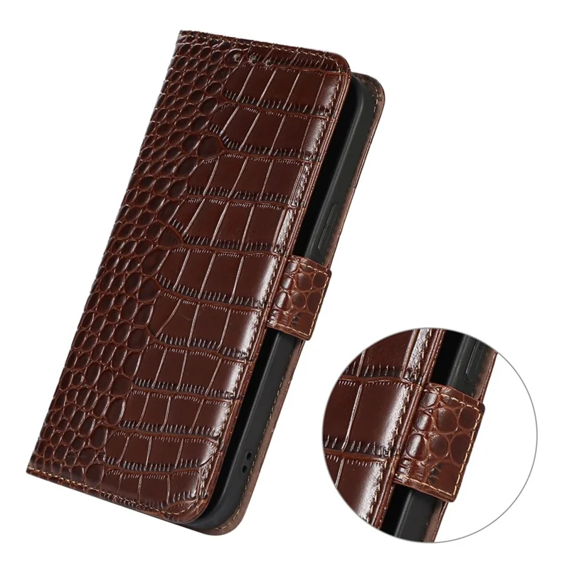 For Samsung Galaxy S21 FE 5G RFID Blocking Genuine Cowhide Leather Wallet Phone Cover, Crocodile Texture Foldable Stand Magnetic Flip Folio Case - Brown