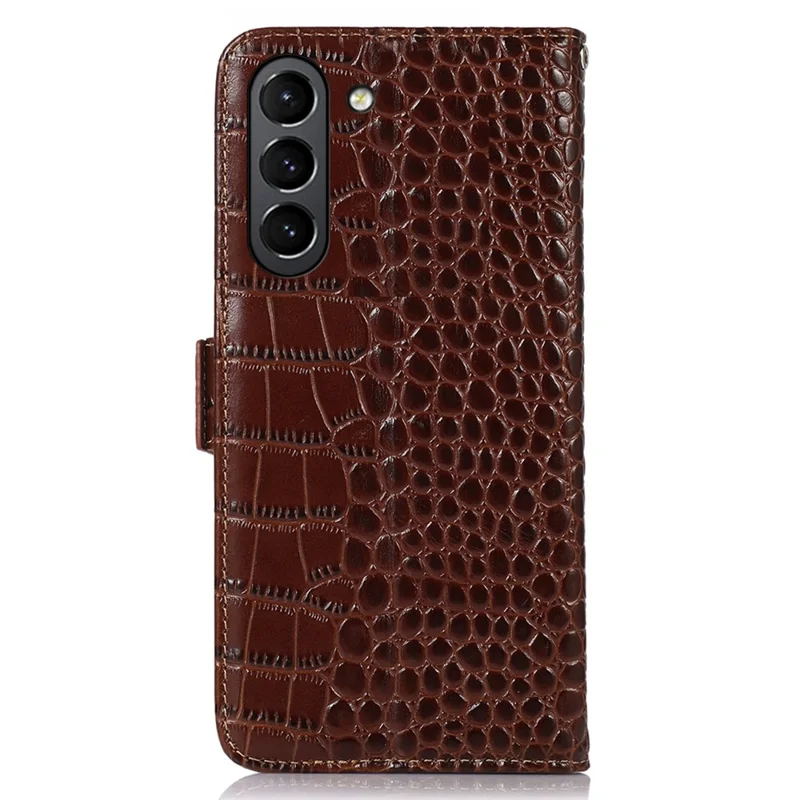 For Samsung Galaxy S21 FE 5G RFID Blocking Genuine Cowhide Leather Wallet Phone Cover, Crocodile Texture Foldable Stand Magnetic Flip Folio Case - Brown