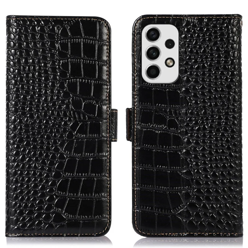 For Samsung Galaxy A53 5G Crocodile Texture RFID Blocking Genuine Cowhide Leather Wallet Phone Cover, Stand Magnetic Flip Folio Case - Black