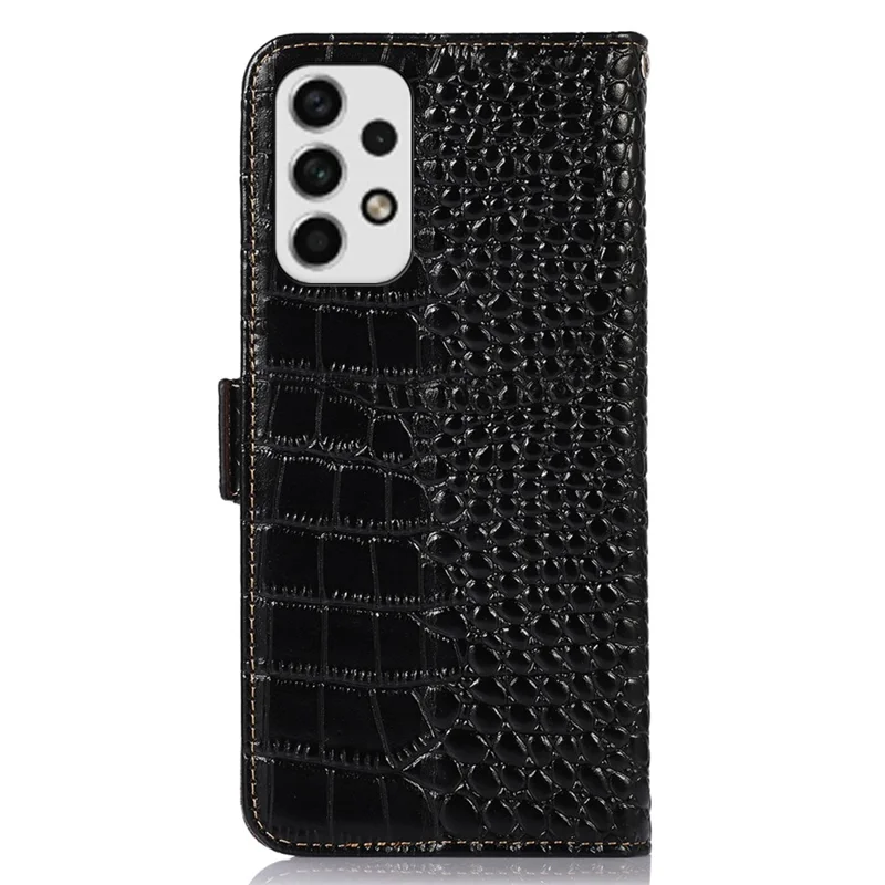 For Samsung Galaxy A53 5G Crocodile Texture RFID Blocking Genuine Cowhide Leather Wallet Phone Cover, Stand Magnetic Flip Folio Case - Black