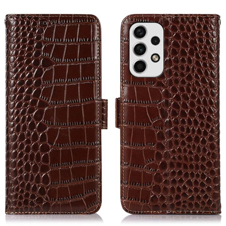 Para Samsung Galaxy A53 5G Crocodile Texture RFID Blocking Genuine Cowhide Leather Wallet Phone Cover, Stand Magnetic Flip Folio Case - Marrom