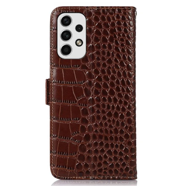 Para Samsung Galaxy A53 5G Crocodile Texture RFID Blocking Genuine Cowhide Leather Wallet Phone Cover, Stand Magnetic Flip Folio Case - Marrom