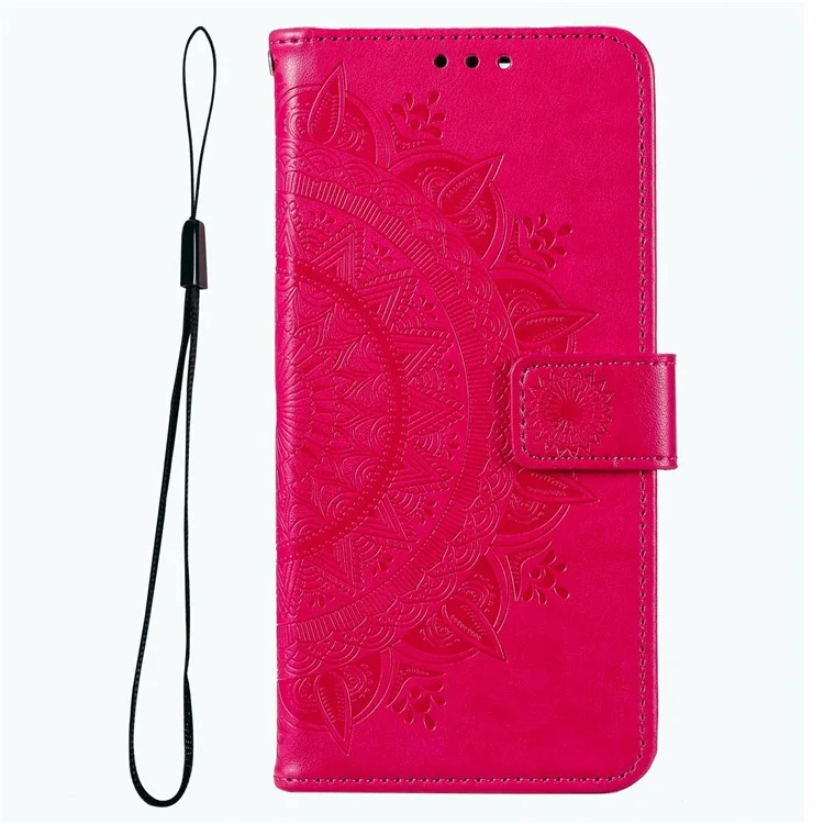 Per Samsung Galaxy M33 5G (Global Version) Mandala Flower Pattern Imprinted PU Leather Magnetic Flip Cover Wrist Strap Wallet Stand Feature Shockproof Protective Case - Rose