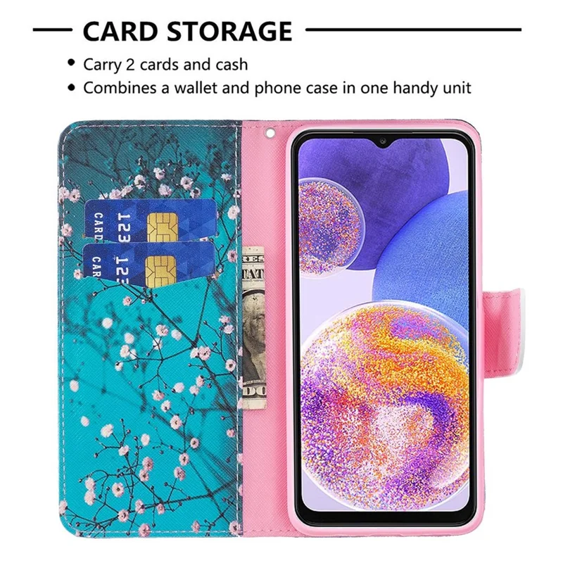 For Samsung Galaxy M33 5G (Global Version) Phone Case Pattern Printing PU Leather Wallet Stand Cover - Plum Blossom