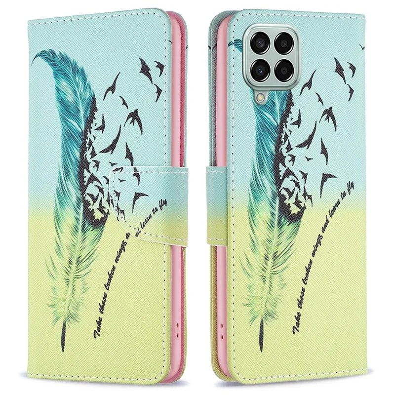 For Samsung Galaxy M33 5G (Global Version) Phone Case Pattern Printing PU Leather Wallet Stand Cover - Feather