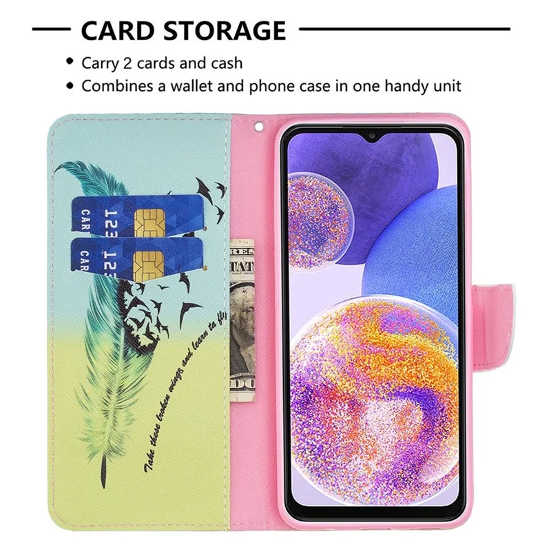 For Samsung Galaxy M33 5G (Global Version) Phone Case Pattern Printing PU Leather Wallet Stand Cover - Feather