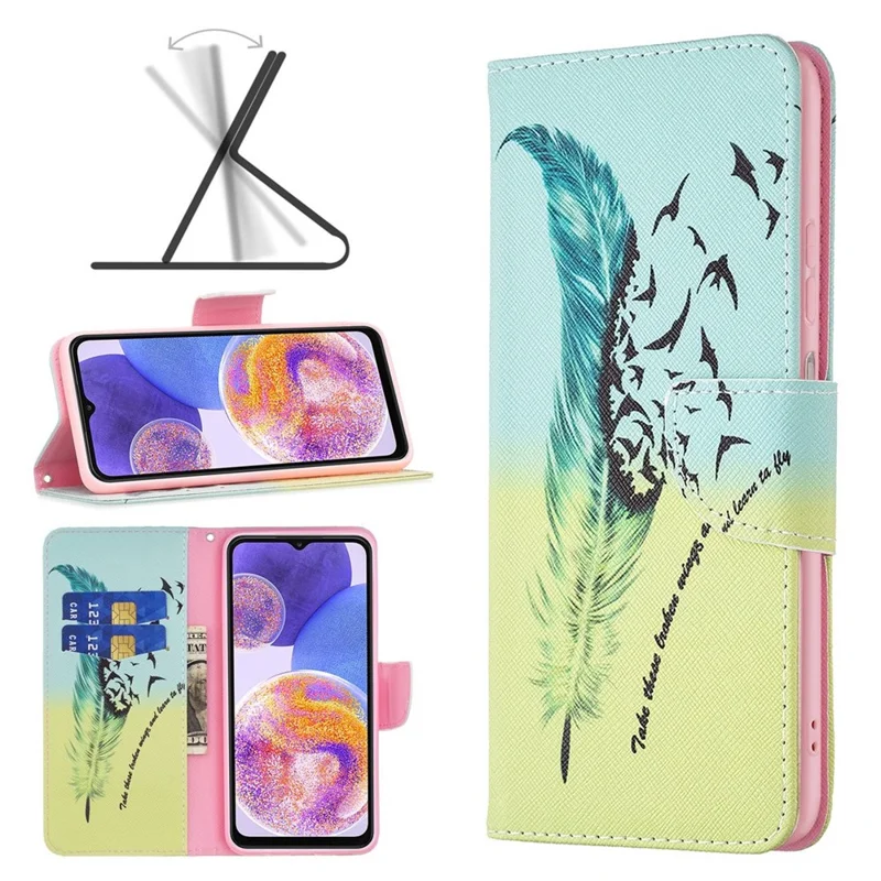 For Samsung Galaxy M33 5G (Global Version) Phone Case Pattern Printing PU Leather Wallet Stand Cover - Feather