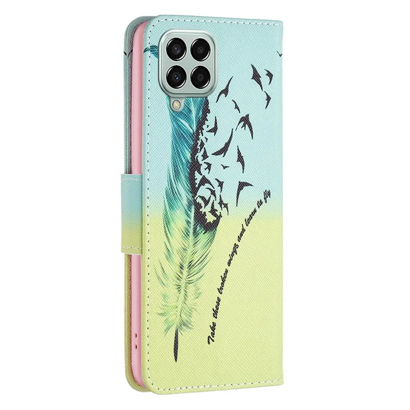 For Samsung Galaxy M33 5G (Global Version) Phone Case Pattern Printing PU Leather Wallet Stand Cover - Feather