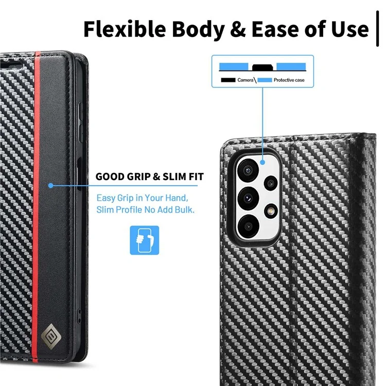 Lc. Imeeke Per Samsung Galaxy A23 5G Wallet Style Fibra di Carbonio Fibra di Carbonio Anti-graffio Case in Pelle Anti-drop Case Magnetica Auto-assorbimento Del Telefono Shell - Striscia Verticale