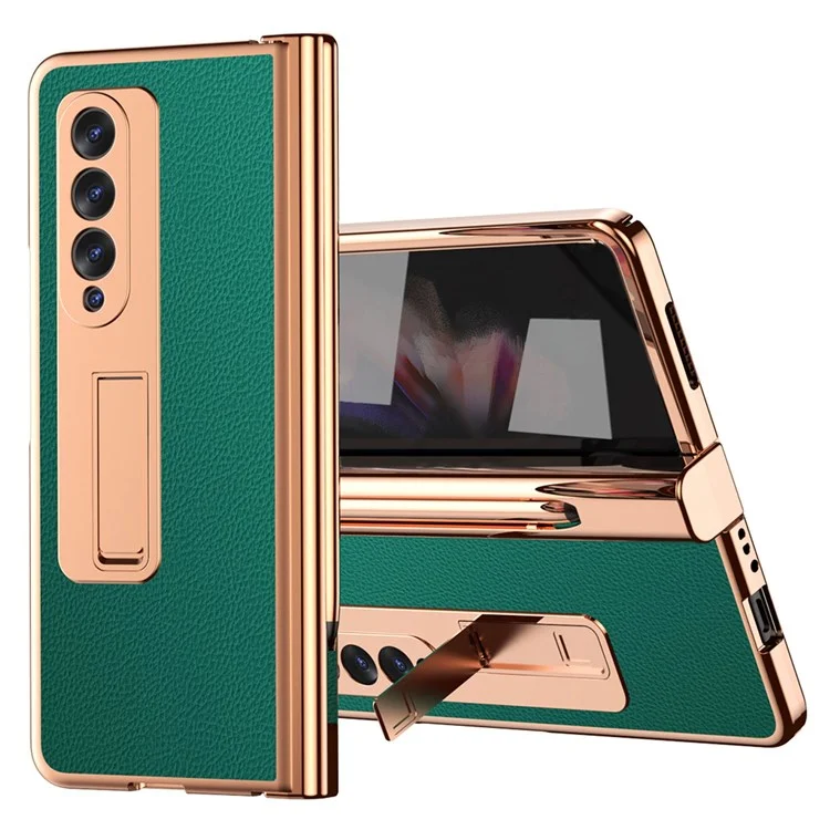 Für Samsung Galaxy Z Fold3 5G Scharnierschutz PU Leder + Harte PC Shell Ganzkörper-Elektroplating-Kickstandabdeckung Mit Bulit-In-Temperatur-Glasschriftenschutz Und S Stift - Grün