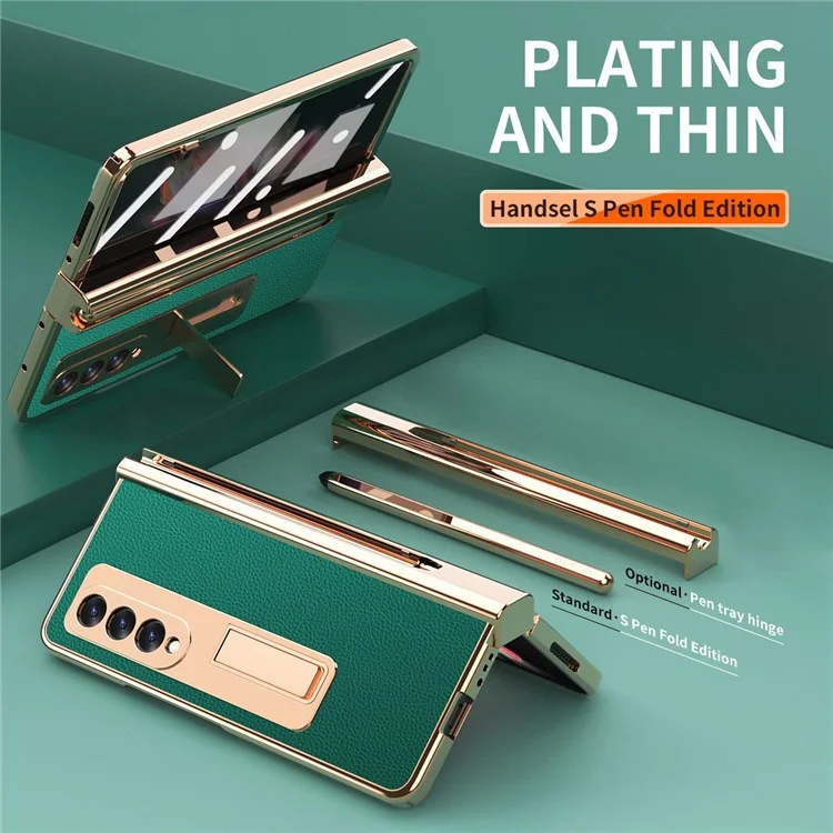 Para Samsung Galaxy Z Fold3 5g Protección De Bisagra PU Leather + Hard PC Shell Body Body Body Standing Cover Con Protector De Pantalla De Vidrio Templado Y Bolígrafo - Verde