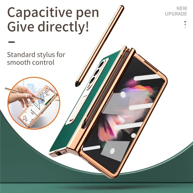 Para Samsung Galaxy Z Fold3 5g Protección De Bisagra PU Leather + Hard PC Shell Body Body Body Standing Cover Con Protector De Pantalla De Vidrio Templado Y Bolígrafo - Verde