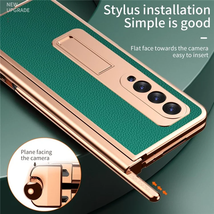 Para Samsung Galaxy Z Fold3 5g Protección De Bisagra PU Leather + Hard PC Shell Body Body Body Standing Cover Con Protector De Pantalla De Vidrio Templado Y Bolígrafo - Verde