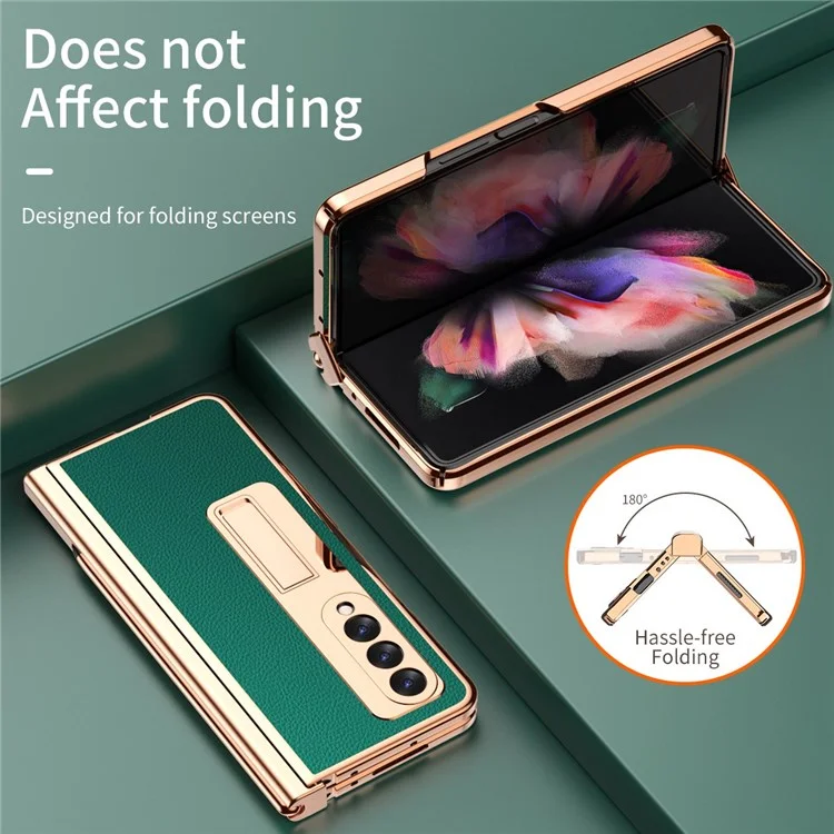 For Samsung Galaxy Z Fold3 5G Hinge Protection PU Leather + Hard PC Shell Full-Body Electroplating Kickstand Cover with Bulit-in Tempered Glass Screen Protector and S Pen - Green