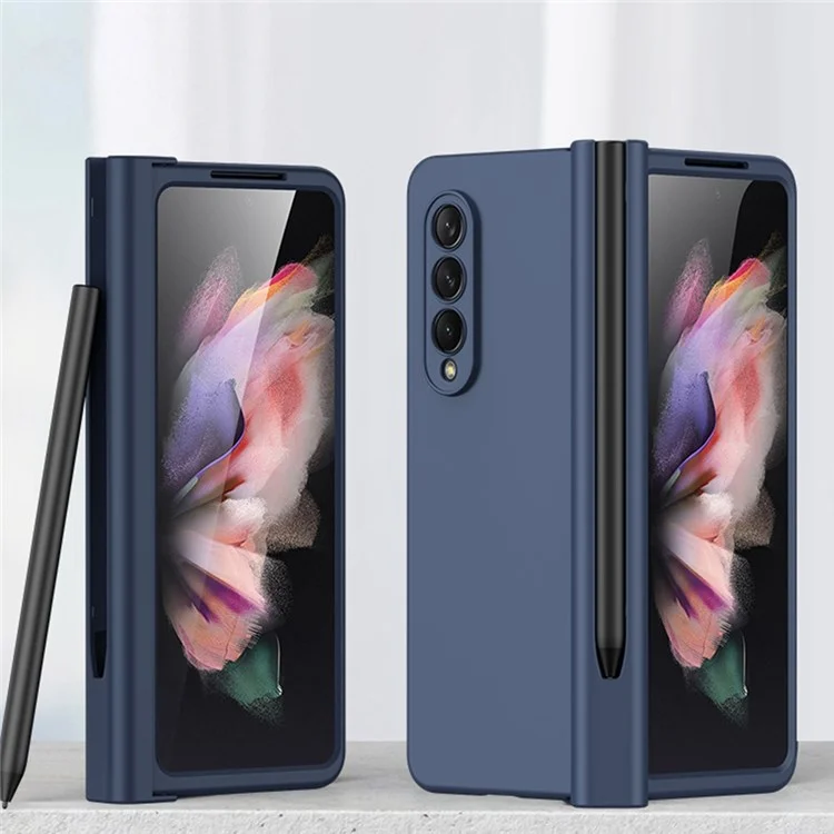 Per Samsung Galaxy Z Fold3 5G Rubberized Surface Pen Slot Design Hard PC Phone Case Cover con vetro per protezione dello schermo - Blu