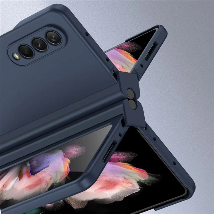 Per Samsung Galaxy Z Fold3 5G Rubberized Surface Pen Slot Design Hard PC Phone Case Cover con vetro per protezione dello schermo - Blu