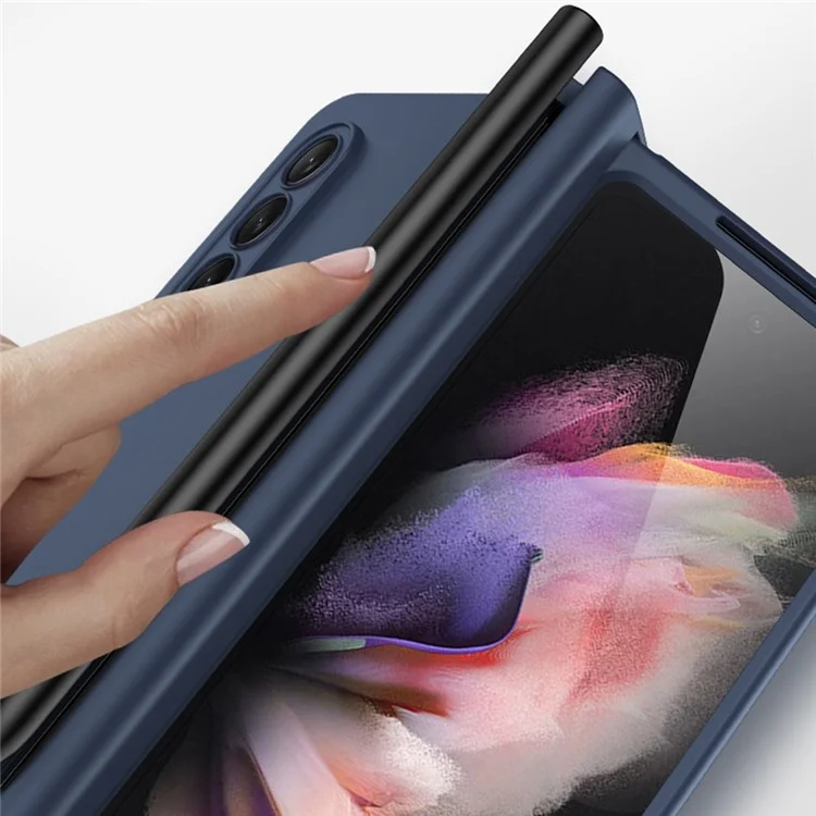 Per Samsung Galaxy Z Fold3 5G Rubberized Surface Pen Slot Design Hard PC Phone Case Cover con vetro per protezione dello schermo - Blu