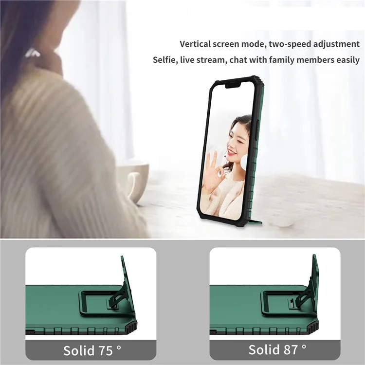For Samsung Galaxy S22+ 5G Adjustable Vertical Kickstand Phone Case PC + TPU Hybrid Cover with Camera Slide Cover - Blackish Green