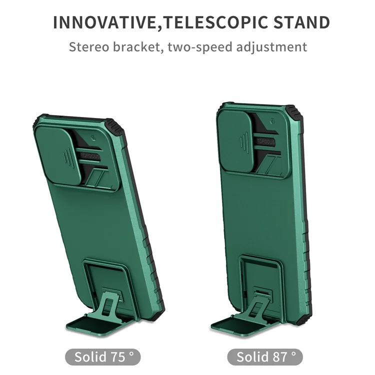 For Samsung Galaxy S22+ 5G Adjustable Vertical Kickstand Phone Case PC + TPU Hybrid Cover with Camera Slide Cover - Blackish Green