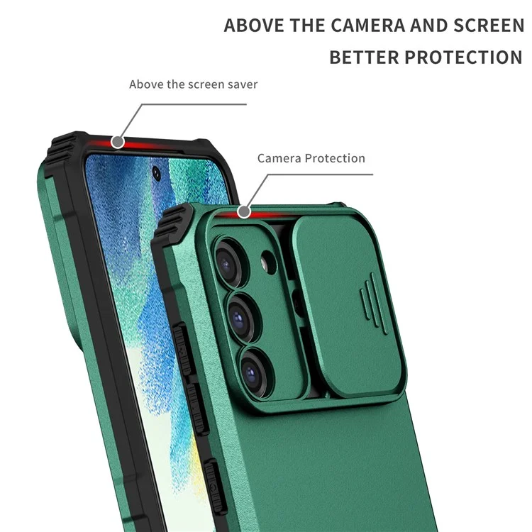 For Samsung Galaxy S22+ 5G Adjustable Vertical Kickstand Phone Case PC + TPU Hybrid Cover with Camera Slide Cover - Blackish Green