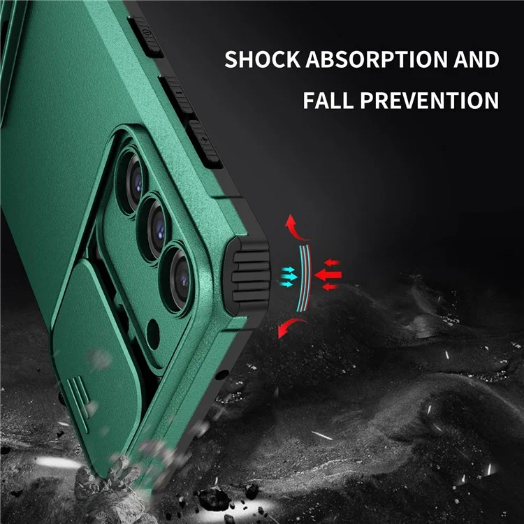 For Samsung Galaxy S22+ 5G Adjustable Vertical Kickstand Phone Case PC + TPU Hybrid Cover with Camera Slide Cover - Blackish Green