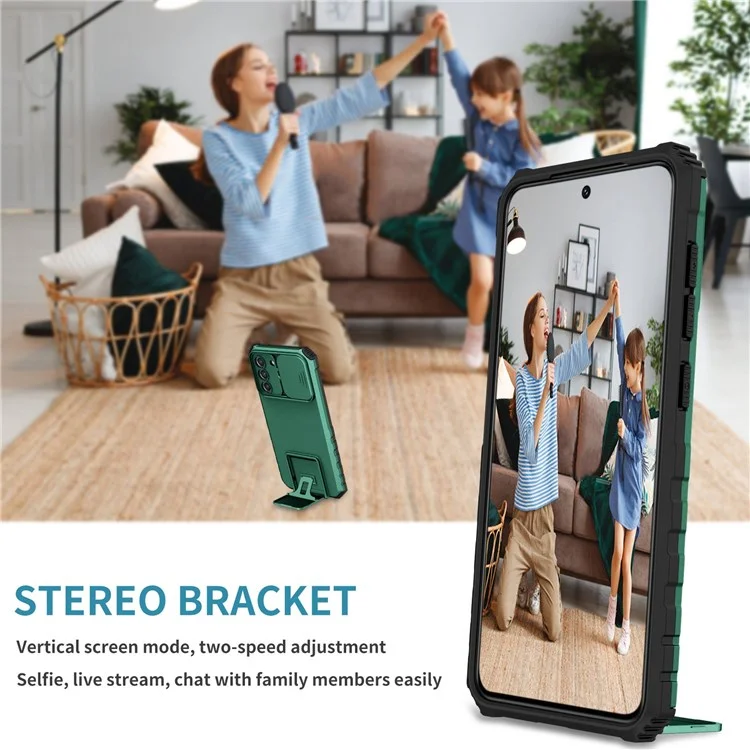 For Samsung Galaxy S22+ 5G Adjustable Vertical Kickstand Phone Case PC + TPU Hybrid Cover with Camera Slide Cover - Blackish Green